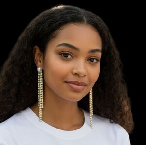 Pearl Stud Earrings Gold Linear Drop Rhinestone Tassel Modern Retro Glam Bling